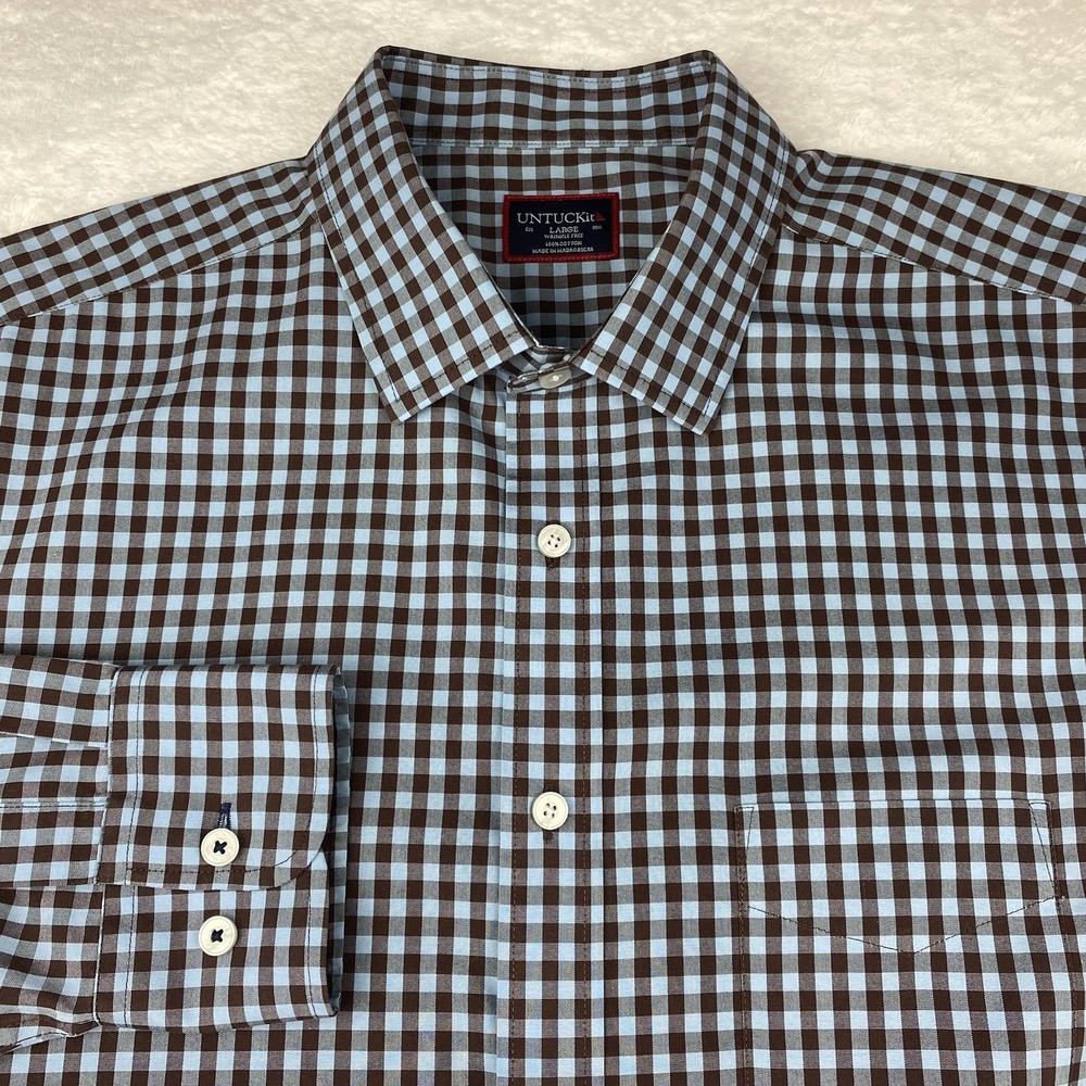 UNTUCKit Shirt Mens Large Blue/Brown‎ Checks Regular Fit Wrinkle Free